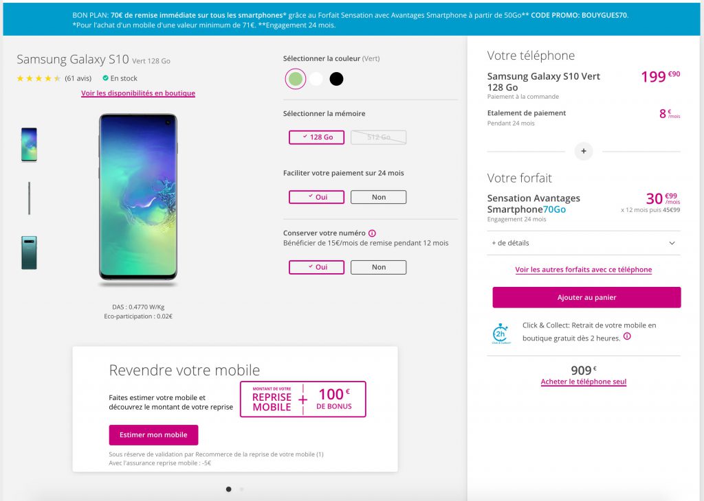 Samsung Galaxy S10 / S10+ : jusqu'à 170€ de remise chez Bouygues Telecom
