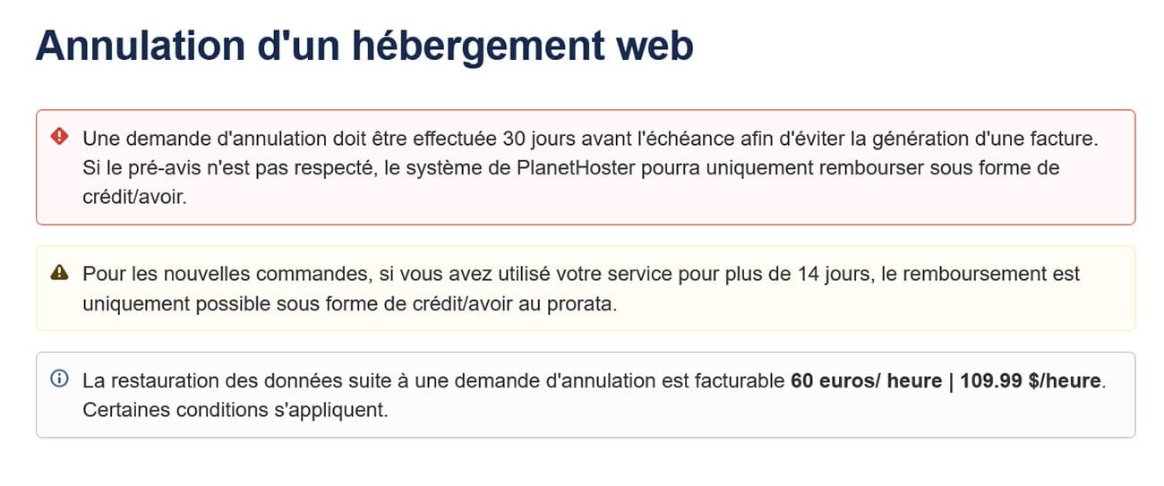 Conditions annulation hébergement PlanetHoster