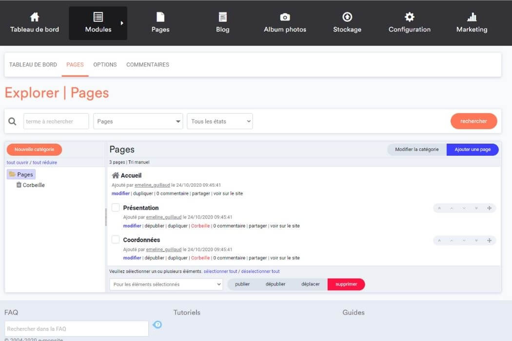 Gestion pages E-Monsite