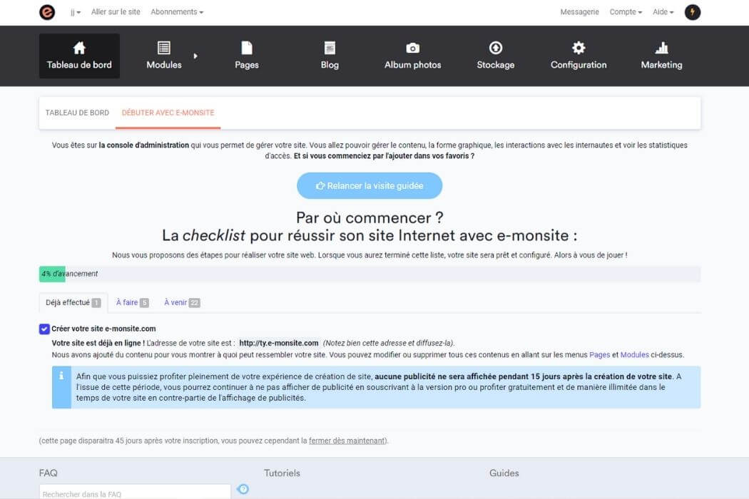 Tableau de bord E-Monsite