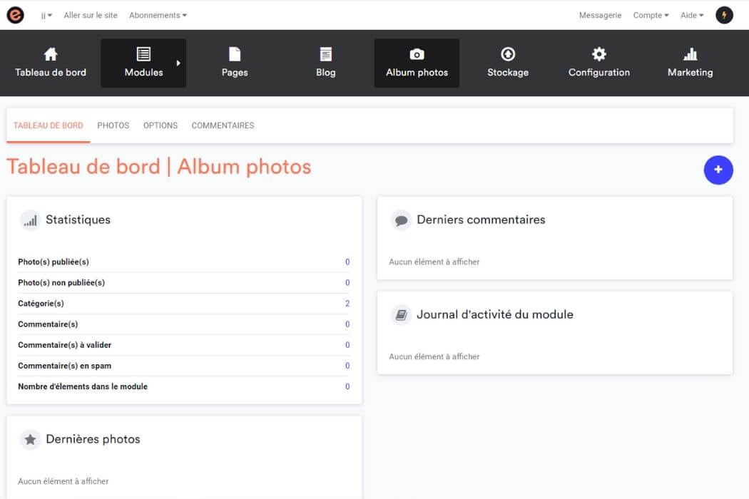 Tableau de bord photos E-Monsite