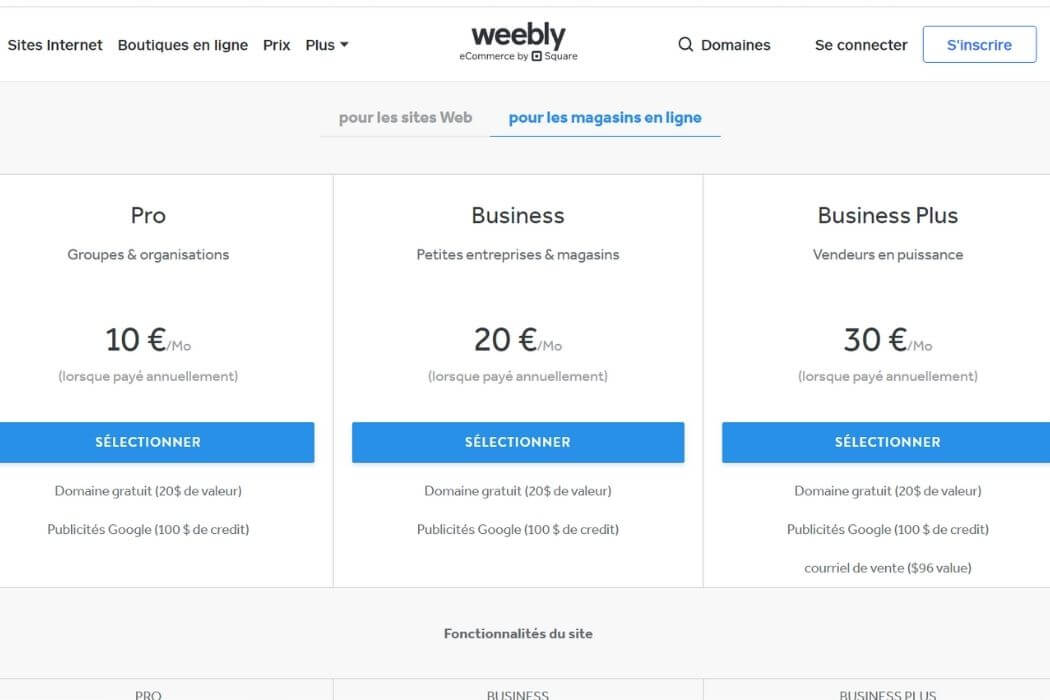 Tarifs boutiques Weebly