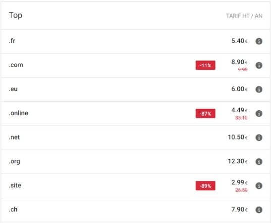 Prix des noms de domaine chez Infomaniak