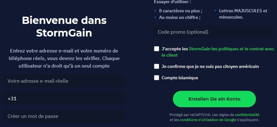 inscription sur stormgain