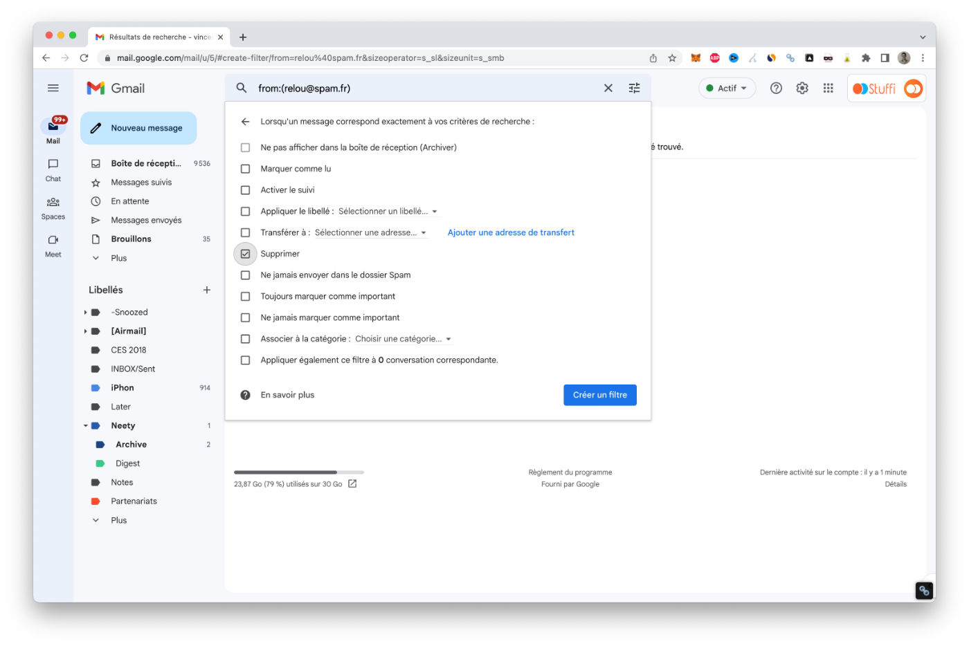 Les actions à choisir pour votre filtre Gmail
