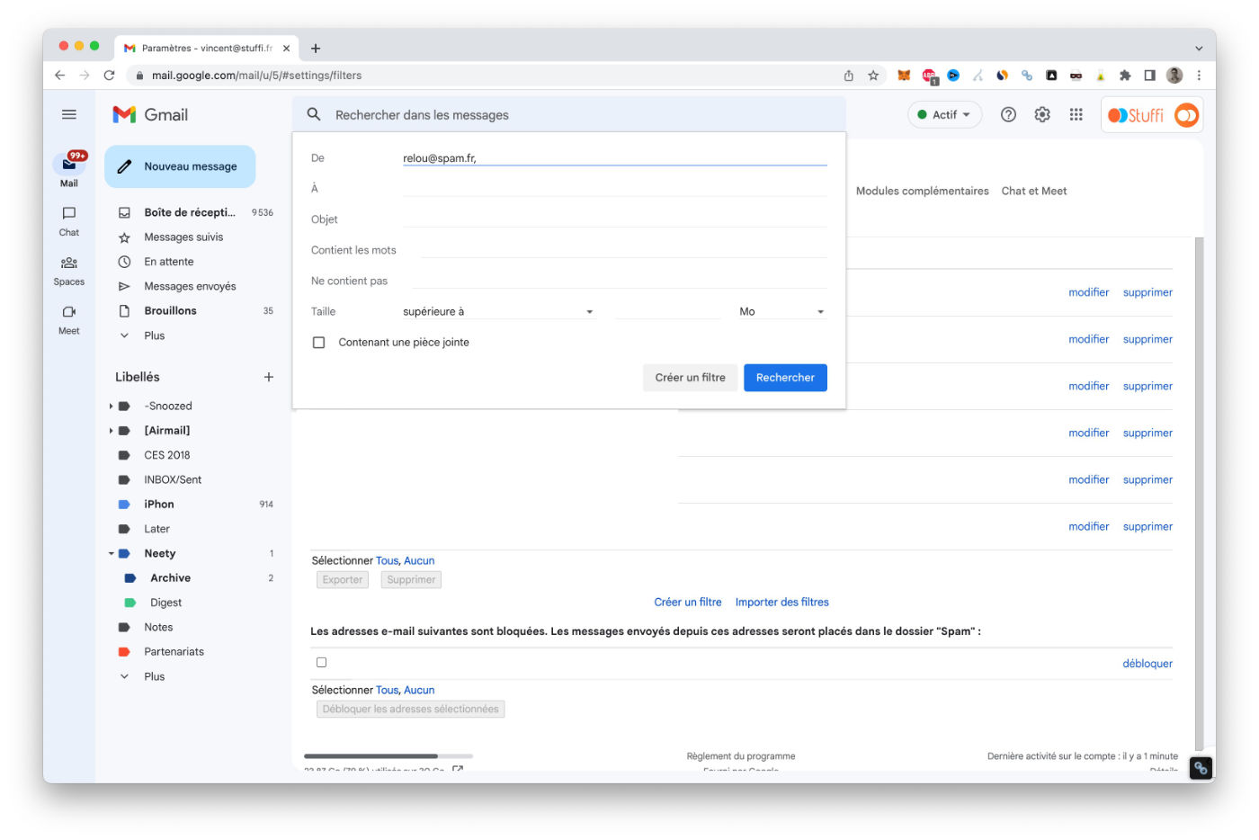 Les critères pour créer un filtre Gmail