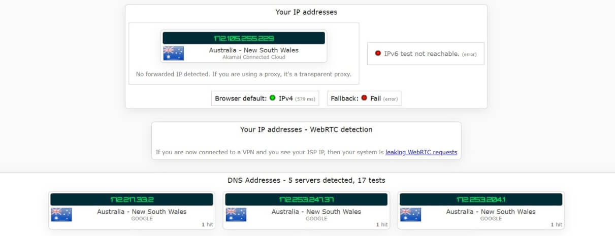 Test d'adresse IP avec iTop VPN connecté en Australie