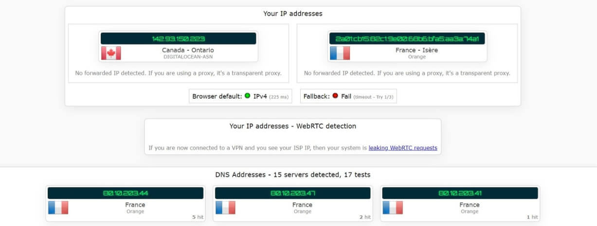 Test d'adresse IP avec Bright VPN connecté au Canada