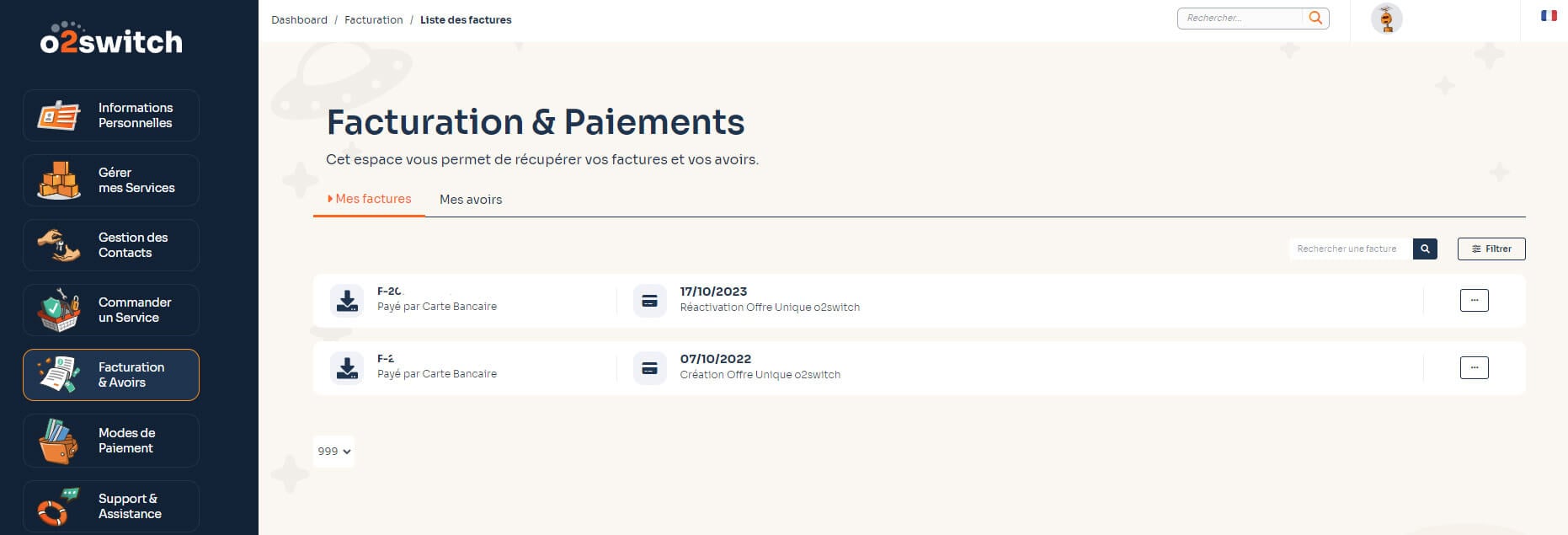 Facturation Paiements O2switch