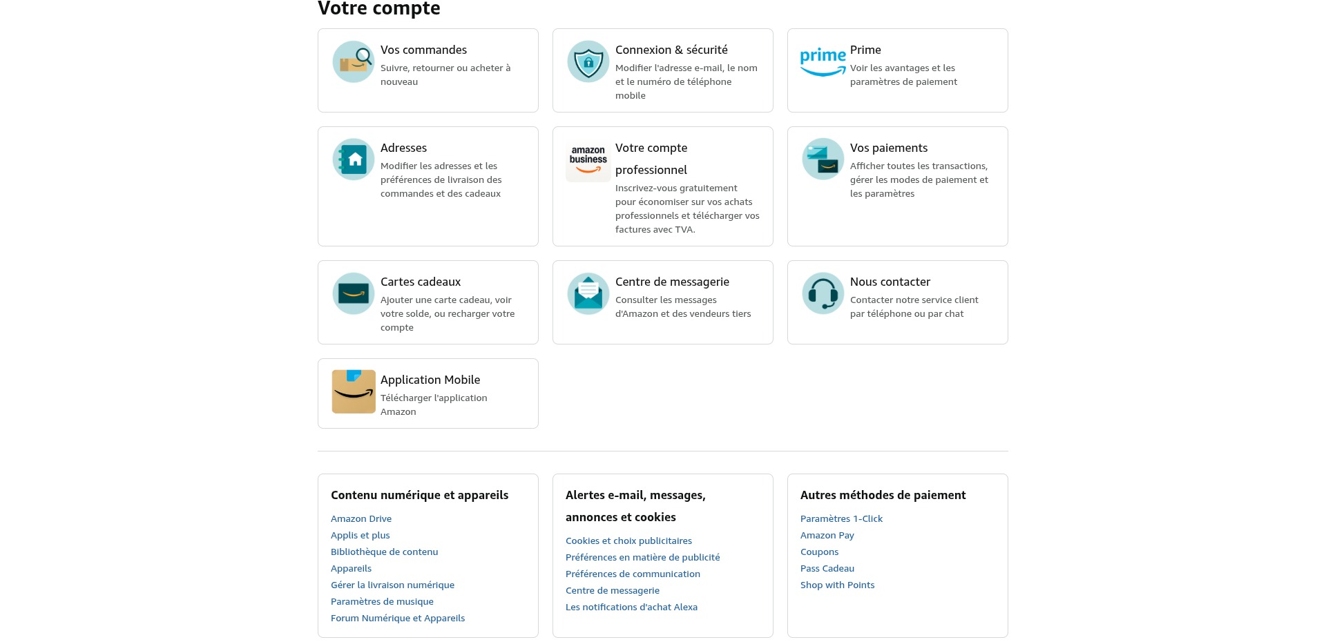 Détail des paramètres d'un compte Amazon