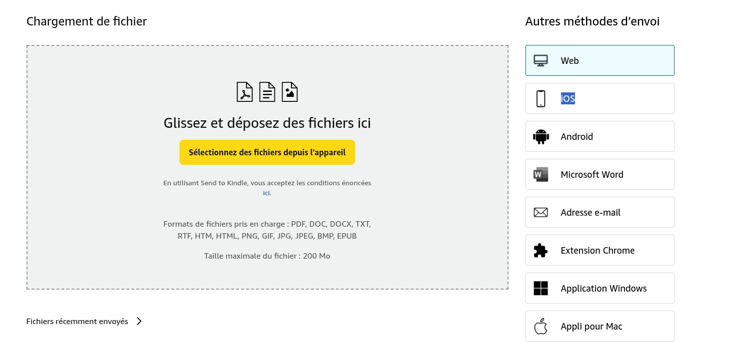 Outil Send to Kindle pour envoyer des fichiers ebooks dans votre liseuse