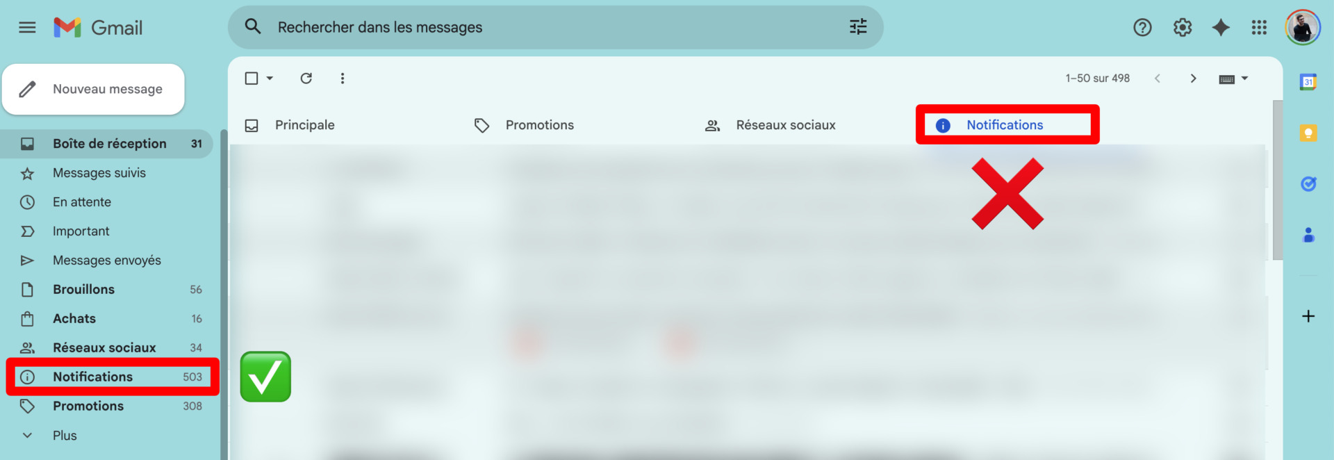 Gmail notifications onglet deplacer mails