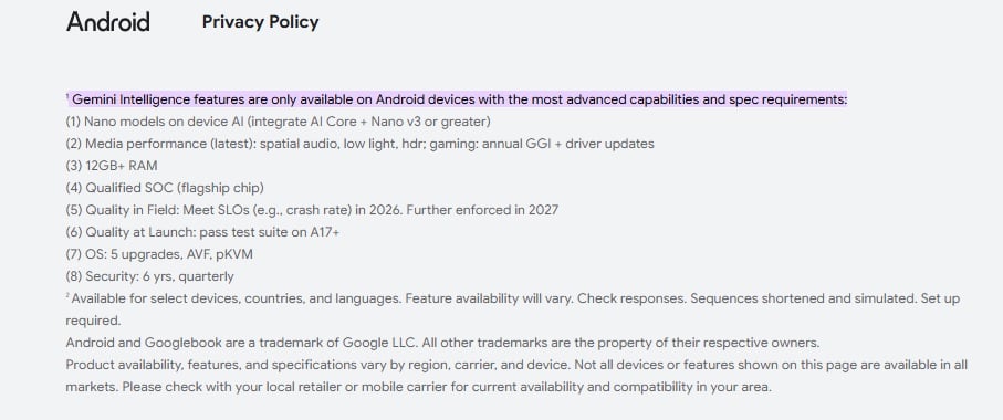 Gemini Intelligence Specs