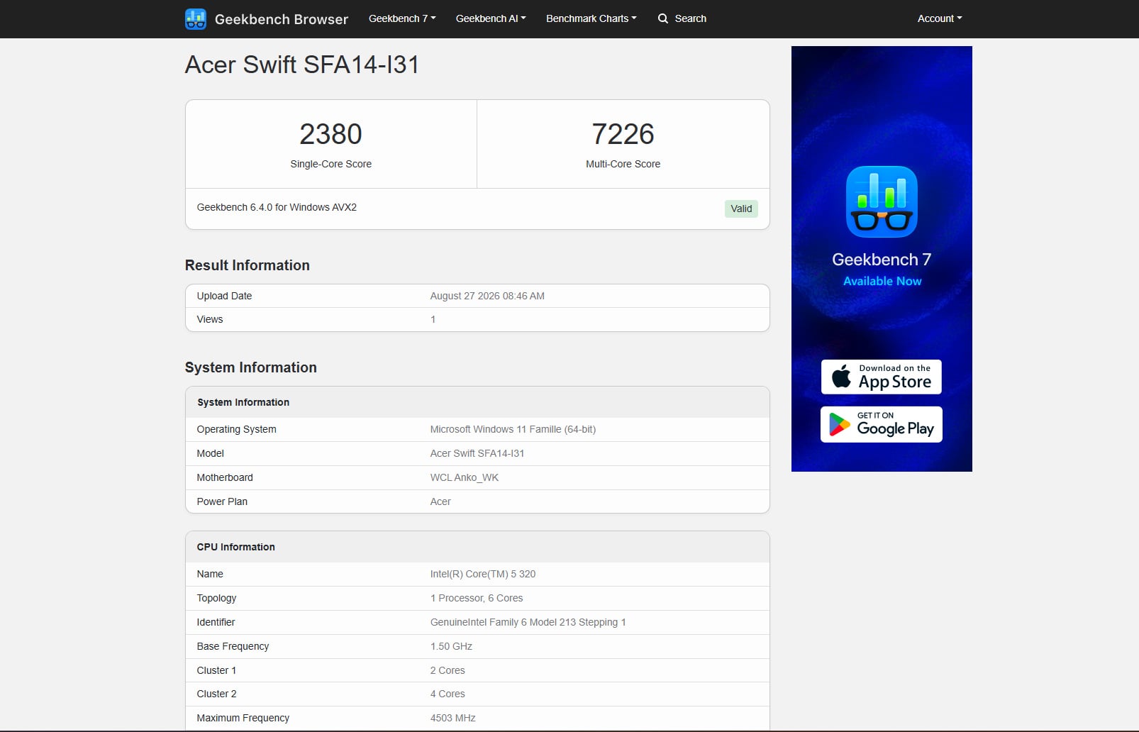 Swift Air Geekbench