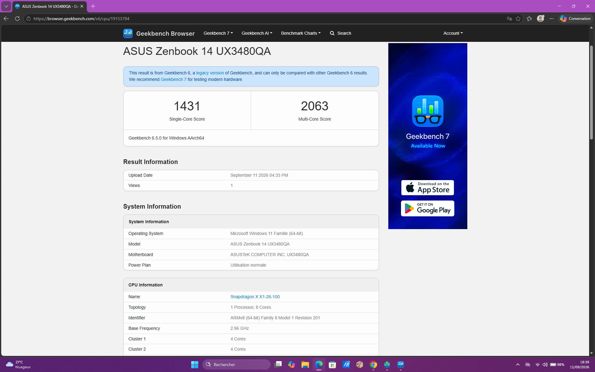 Zenbook 14 Geekbench 6